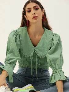 The Dry State Turquoise Blue Peter Pan Collar Puff Sleeves Victorian Pure Cotton Blouson Top