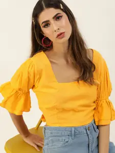 The Dry State Yellow Square Neck Bell Sleeves Victorian Pure Cotton Styled Back Crop Top