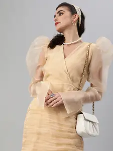 SCORPIUS Women Beige Solid Pleated Power Shoulder Wrap Dress