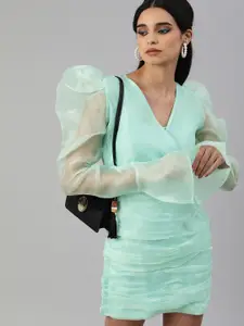 SCORPIUS Women Sea Green Solid Pleated Party Sheath Dress