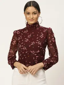 WoowZerz Maroon & Pink Floral Printed Cropped Styled Back Top