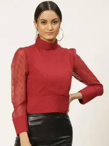 WoowZerz Women Red Puff Sleeves Styled Back Top