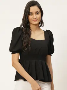 WoowZerz Women Black Shimmer Puff Sleeves Cinched Waist Top