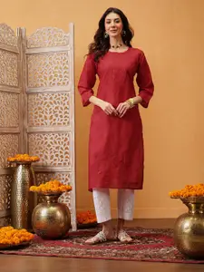 Ada Plus Size Women Red Ethnic Motifs Hand Embroidered Chikankari Straight Handloom Kurta