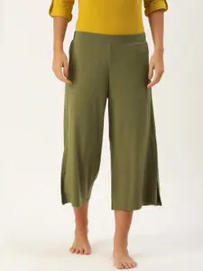 Enamor Women Olive Green Solid Essentials E064 Relaxed Fit Jersey Crop Lounge Pants