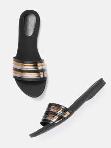 Anouk Women Silver-Toned & Black Striped Open Toe Flats