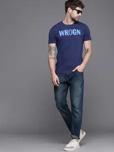 WROGN Men Navy Blue Brand Logo Printed Slim Fit Pure Cotton T-shirt