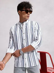 WROGN Pure Cotton Band Collar Slim Fit Striped Casual Shirt