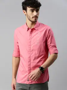 WROGN Men Pink Slim Fit Placement Printed Pure Cotton Casual Shirt