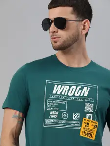 WROGN Men Teal Green  White Brand Logo Printed Slim Fit Round Neck Pure Cotton T-shirt