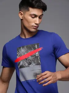 WROGN Men Blue Printed Pure Cotton T-shirt