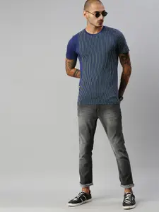 WROGN Men Navy Blue  Lime Green Striped Slim Fit Pure Cotton T-shirt