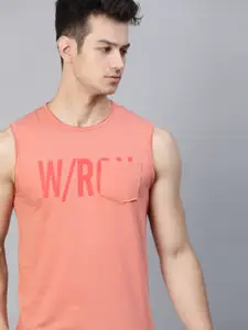 WROGN Men Peach Coloured Brand Logo Printed Chest Pocket T-shirt