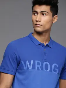 WROGN Men Blue Brand Logo Printed Polo Collar Slim Fit Pure Cotton T-shirt