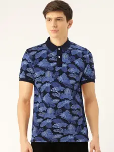 Flying Machine Men Navy Blue Printed Polo Collar Pure Cotton T-shirt