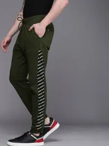 WROGN Men Olive Green & White Printed Slim Fit Joggers