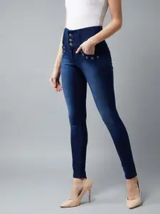 DOLCE CRUDO Women Navy Blue Regular Fit High-Rise Stretchable Clean Look Jeans