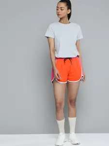 HRX By Hrithik Roshan Women Orangeade, Raspberry Colourblock Bio-Wash Lifestyle Shorts