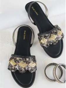 Marc Loire Women Black & Gold-Toned Embellished Open Toe Flats