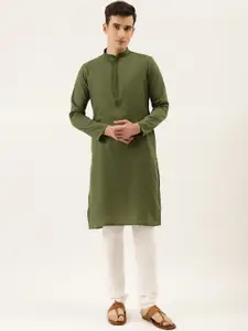 Manyavar Men Green & White Solid Kurta with Churidar