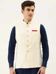 Manyavar Men Cream-Coloured Checked Woven Design Nehru Jacket with Brooch