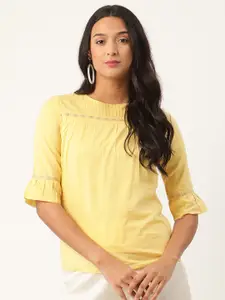 ROOTED Women Yellow Self Design Top