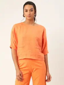 ROOTED Women Orange Slim Fit Linen Top