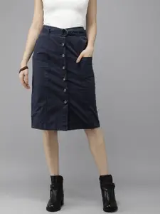 Roadster Women Navy Blue Solid Straight Fit Sustainable Skirt