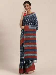 Geroo Jaipur Blue and Black Indigo Bagru Hand Block Printed Pure Cotton Sustainable Saree