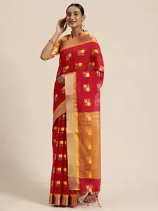 LADUSAA Red Woven Design Cotton Blend Saree