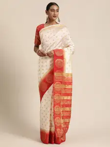 LADUSAA White & Gold-Toned Woven Design Kanjeevaram Saree