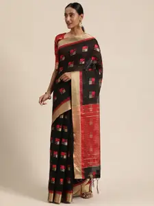LADUSAA Black Woven Design Cotton Blend Saree