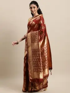 Mitera Maroon & Gold-Toned Woven Design Zari Silk Blend Banarasi Saree