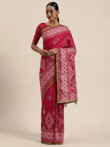 Saree mall Pink & White Jute Silk Printed Block Print Saree