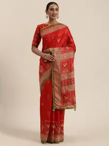 Saree mall Red & White Jute Silk Printed Block Print Saree