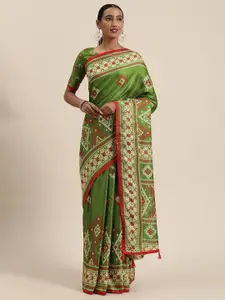Saree mall Green & Maroon Jute Silk Printed Block Print Saree