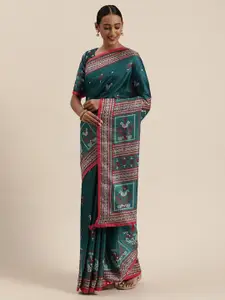 Saree mall Teal Blue & Red Jute Silk Printed Block Print Saree