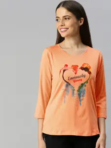 Enviously Young Women Peach-Coloured Regular Fit Printed Round Neck Pure Cotton T-shirt