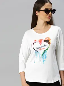 Enviously Young Women Off-White  Blue Printed Round Neck Pure Cotton T-shirt