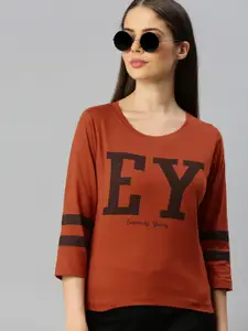 Enviously Young Women Rust Brown Slim Fit Printed Boat Neck Pure Cotton T-shirt