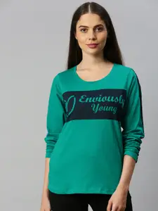 Enviously Young Women Teal Green Regular Fit Printed Round Neck Pure Cotton T-shirt