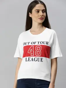 Enviously Young Women Off-White & Red Printed Round Neck T-shirt