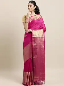 Mitera Pink & Gold-Toned Woven Design Zari Silk Blend Banarasi Saree
