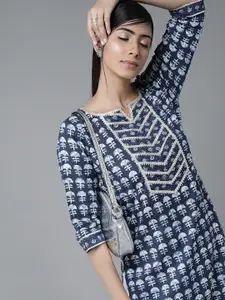Libas Women Blue & White Printed Cotton Straight Kurta with Gotta Patti Details
