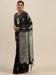 Saree mall Black & Silver-Toned Silk Blend Woven Design Banarasi Saree