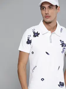 Kook N Keech Men White & Navy Blue Pure Cotton Floral Printed Polo Collar T-shirt