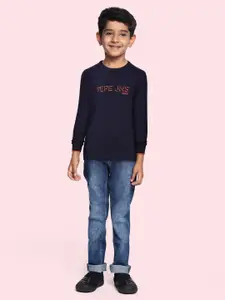 Pepe Jeans Boys Navy Blue Typography Printed Cotton Regular Pullover with Applique Detail