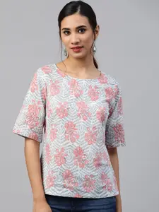 Fabindia Off White & Peach-Coloured Floral Printed Pure Cotton Regular Top