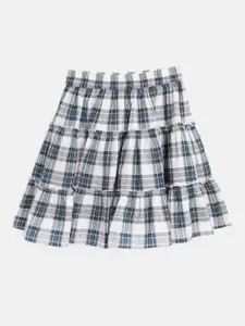 luyk Girls Grey & Green Checked Tiered Pure Cotton A-Line Skiet