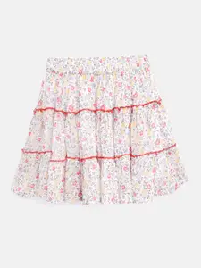 luyk Girls Off-White & Red Floral Print Tiered A-Line Skirt
